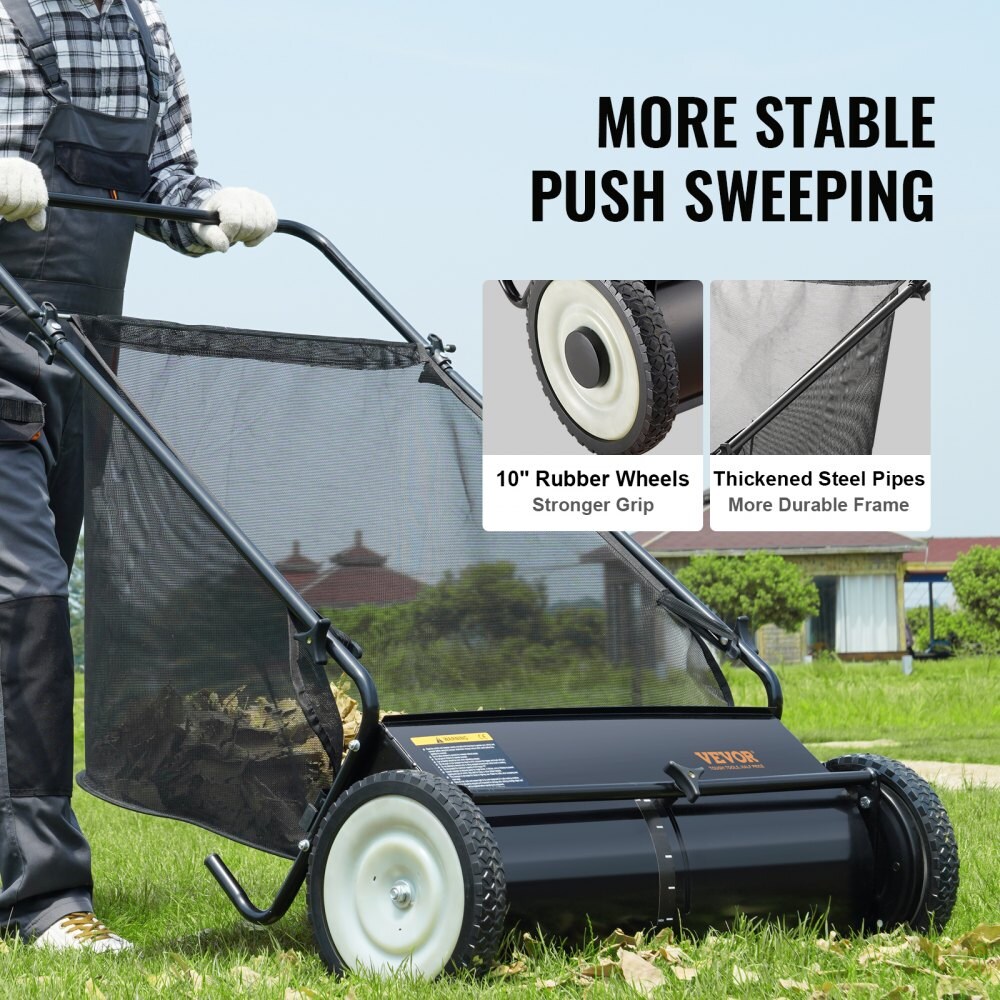 Push Lawn Sweeper with Steel Frame, Rubber Wheels & 7 cu. ft. Hopper
