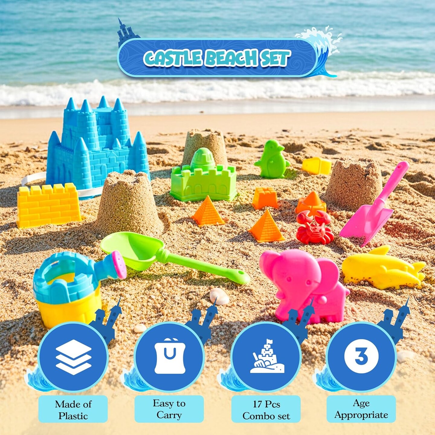 4E's Novelty Kids Beach Toys - 17 Pcs Sand Set w/ Beach Bucket, Shovels, Sand Molds & Mesh Bag