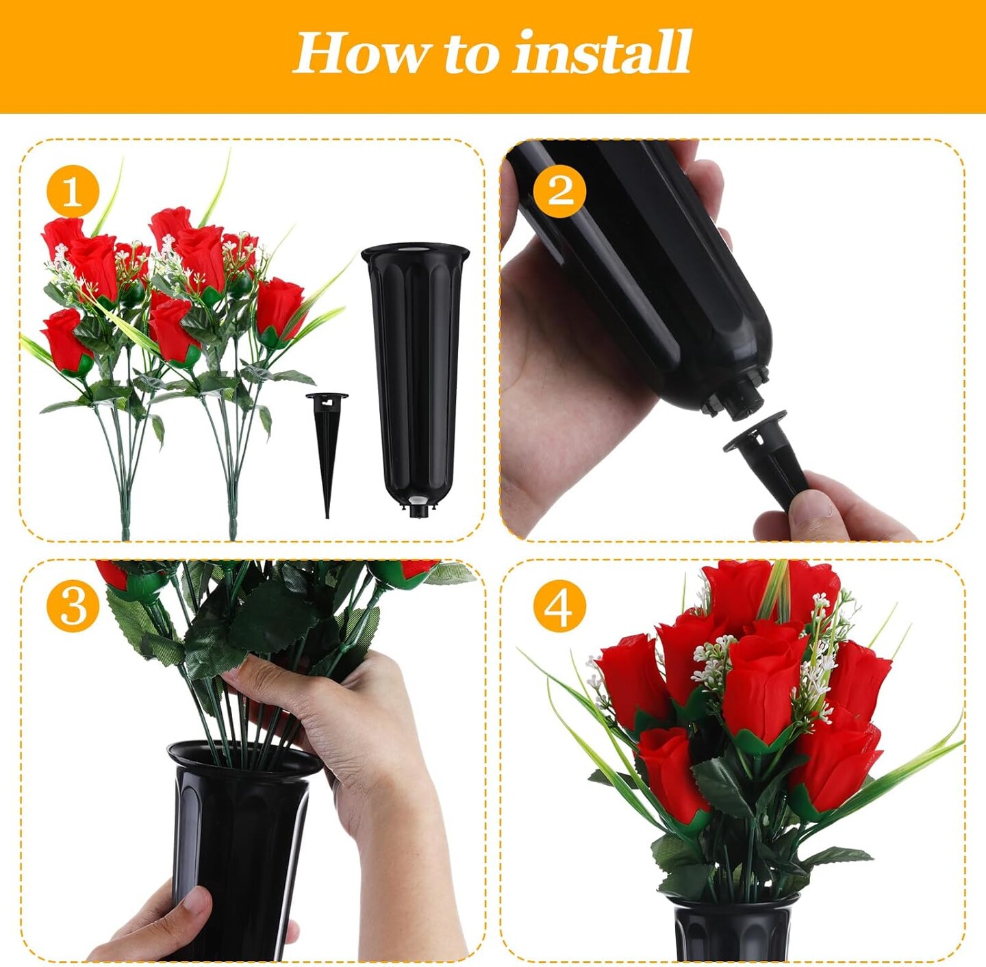 Artificial Cemetery & Memorial Flowers with Grave Vase – Red Silk Rose Gravesite Bouquet, Spring Memorial Day Headstone Decoration with Spiked Vase (6 Sets, 84 Flower Heads)