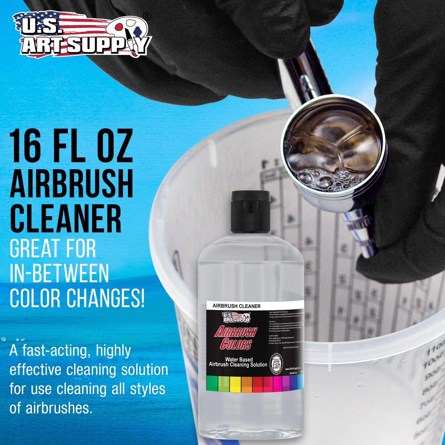 U.S. Art Supply 16oz Airbrush Cleaner - Fast-Acting Cleaning Solution for Water-Based Mediums, Acrylic Paint, Makeup - Air Brush Cleaner for Clogged Airbrushes, Paint Brushes, Artist Tools