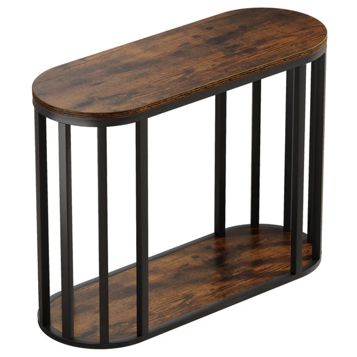 Brown-Black Engineered Wood and Metal Semi-Circular Side Table with Shelf
