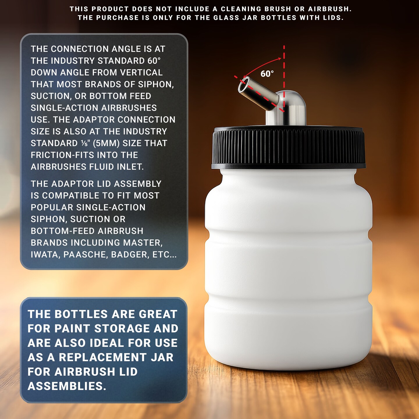 10 Pack Master Airbrush TB-005, 2.7oz Plastic Jar Bottles with 60­ Down Angle Adaptor Lid Assembly, Single-Action Siphon