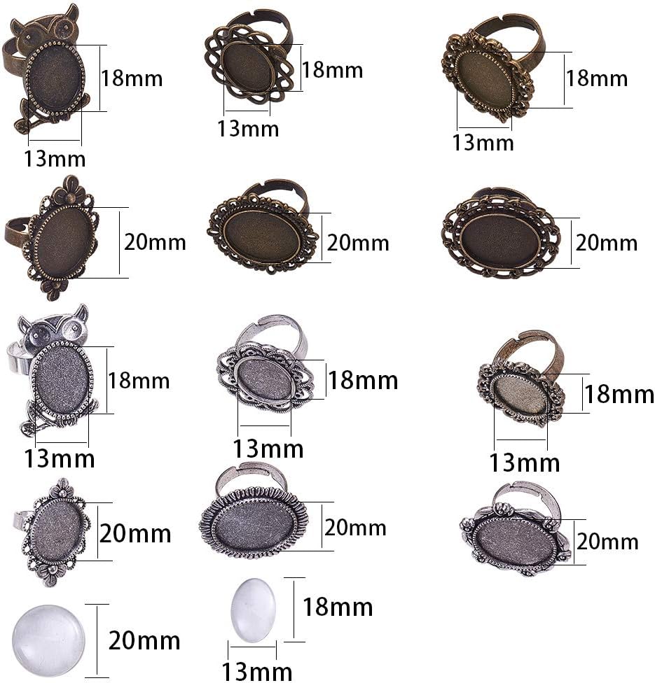 24pcs Mixed Adjustable Ring Blanks Cabochon Jewelry Making Kit Finger Ring Settings Clear Glass Cabochons Oval Round for Jewelry Making Adult Crafting, Antique Silver Bronze