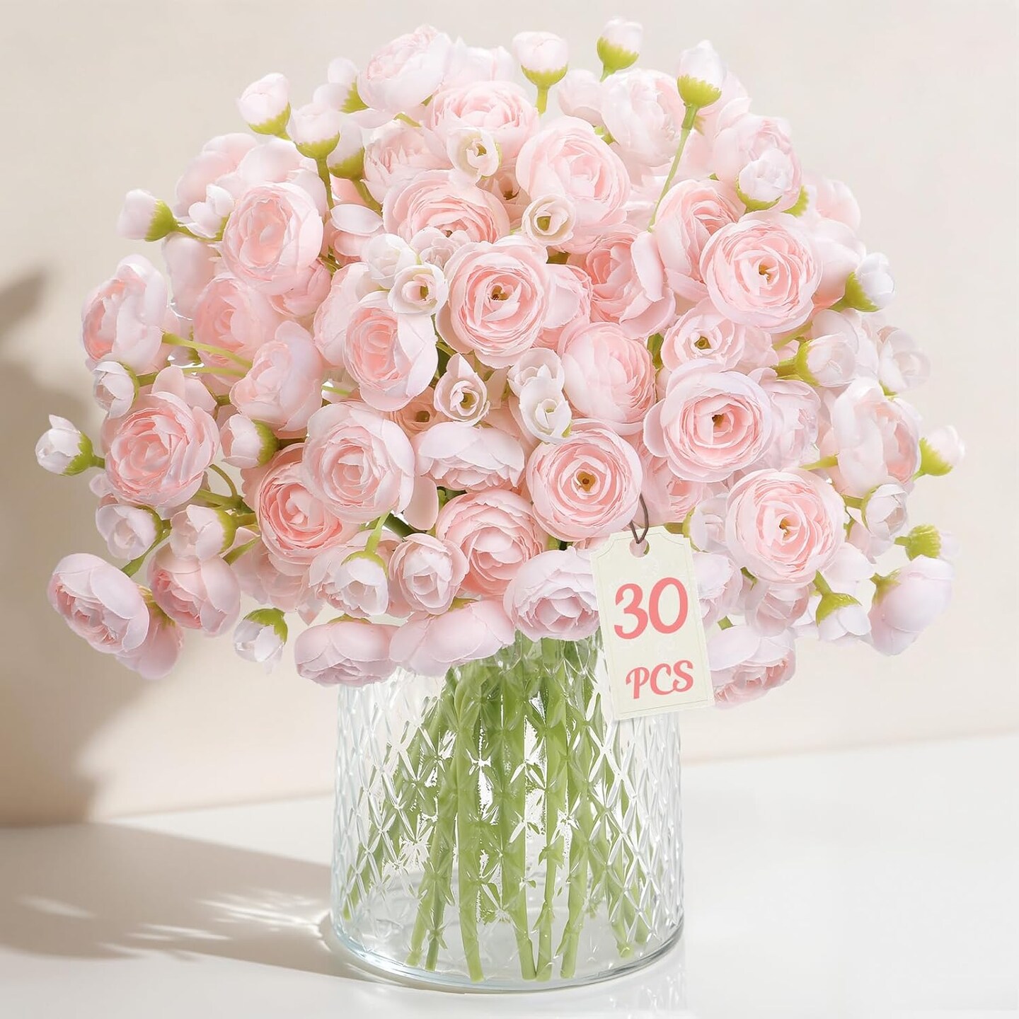Spring Tabletop Decor – 30PCS Shabby Blush Ranunculus Artificial Flowers, Faux Silk Mini Flowers for DIY Bouquets, Wedding Fillers & Home Decor