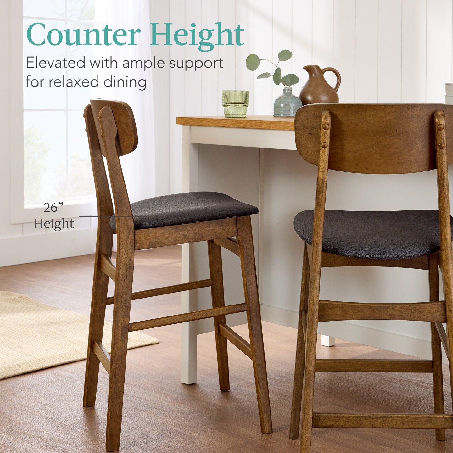Best Choice Products 2-Piece Farmhouse Counter Height Bar Stool Set w/ Cushioned Seat, Wooden Backrest