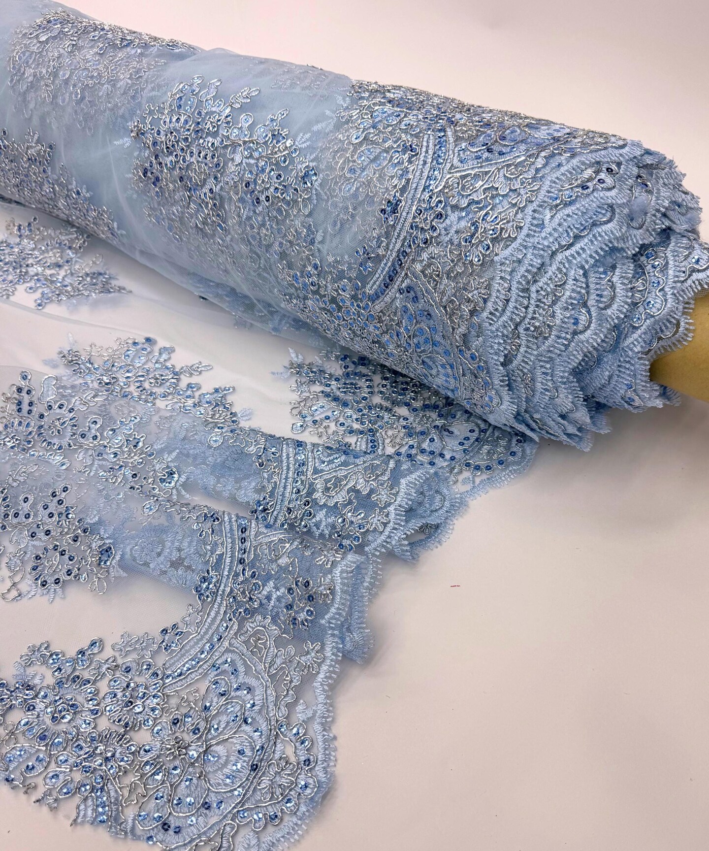 Light Blue Sequin Embroidered Lace Fabric by the Yard, 54" Wide Floral Mesh Lace with Double Scalloped Edges