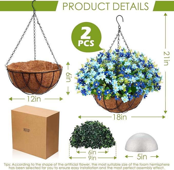 2 Pack Artificial Hanging Baskets with Flowers for Outdoors Fake Hanging Plants for Spring Summer Porch Home Decoration Artificial Daisy Flower Arrangement in Coconut Lining Baskets(Blue)