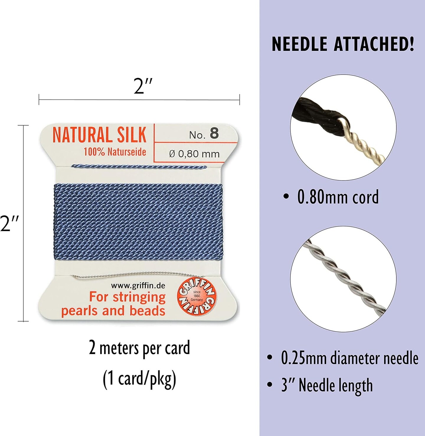 Griffin Silk Bead Cord Perlseide – Size 8 (0.80mm) – 2 Meters per Card – Stainless Steel Needle Attached – for Knotting Pearls, Gemstones, Crystals and Beads