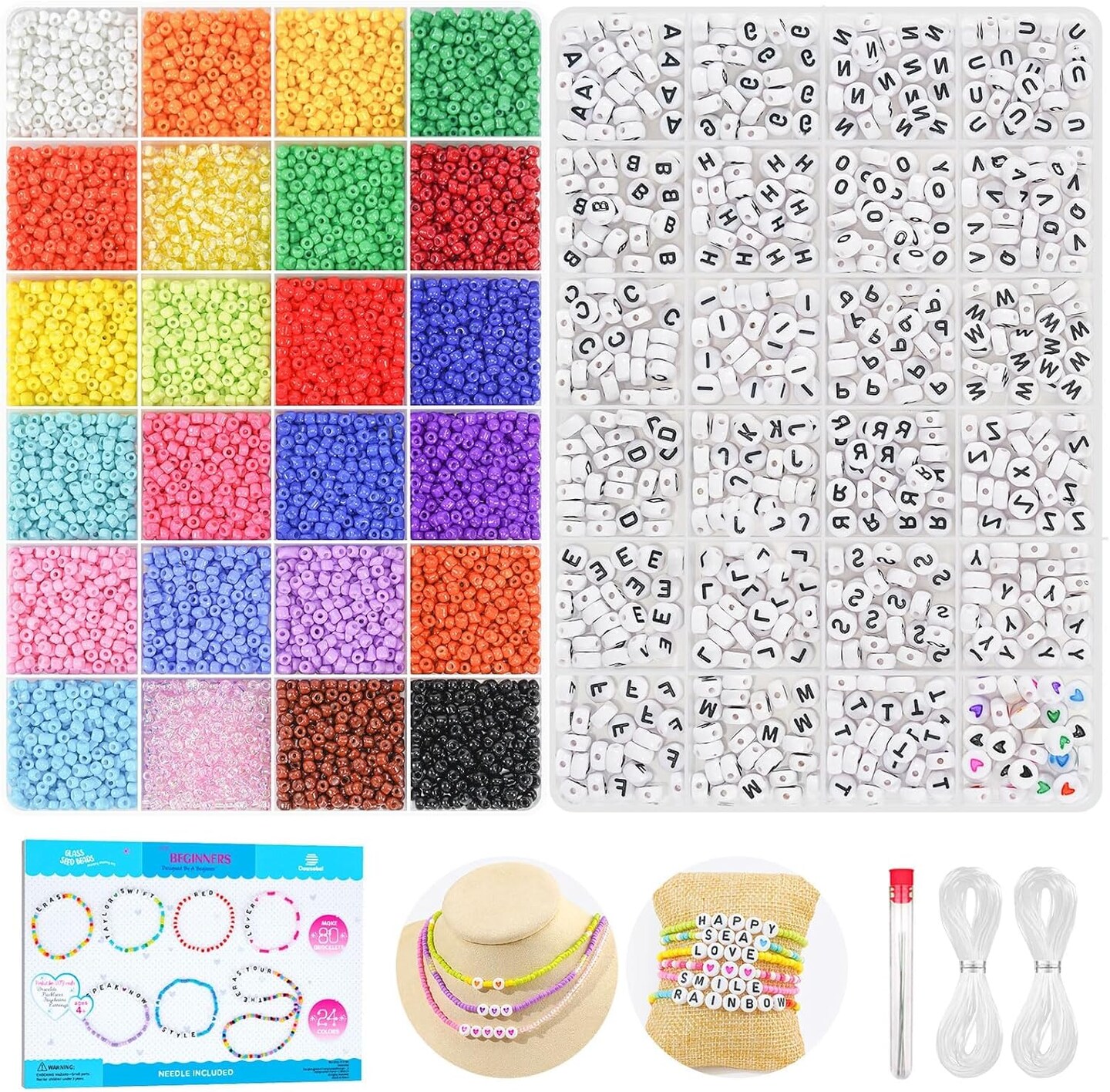 24-Color Friendship Bracelet Kit – 10,000 Pcs 3mm Glass Seed Beads with Alphabet Beads, Needles & Elastic Cord for DIY Jewelry Making