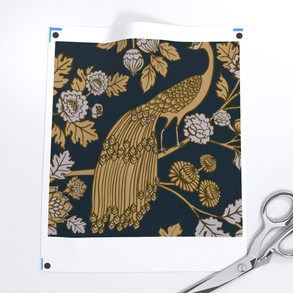 Chinoiserie Rococo Baroque Black Gold Blue Peacock Garden Bird Peacock Art Nouveau Ornamental Peacocks European 1920S 1900 Custom Pre-pasted Wallpaper by Spoonflower Pre-Pasted Wallpaper 2FT Wide