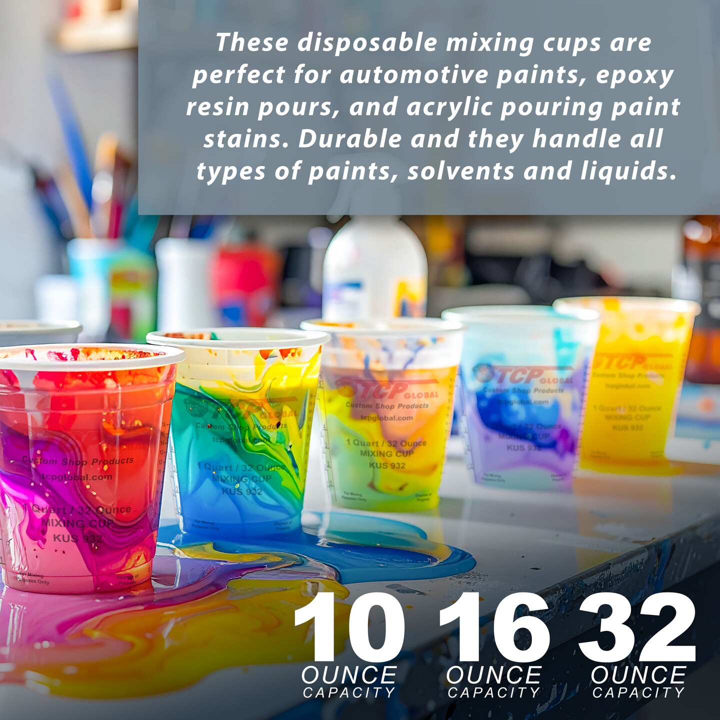 Complete Paint Mixing Kit - 12 Cups with Lids, Mixing Sticks, Paddles, Strainers - Epoxy Resin Measuring Cups, Plastic Paint Cup Containers for Automotive & Art Projects