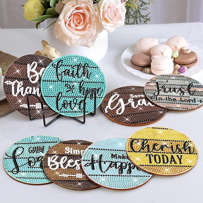 8 PCS Christian Bible Verse Diamond Art Coasters Diamond Art Coasters Kits with Holder Bible Verse DIY Farmhouse Coasters Christian for Beginners, Adults, Kids, Diamond Art Crafts Supplies