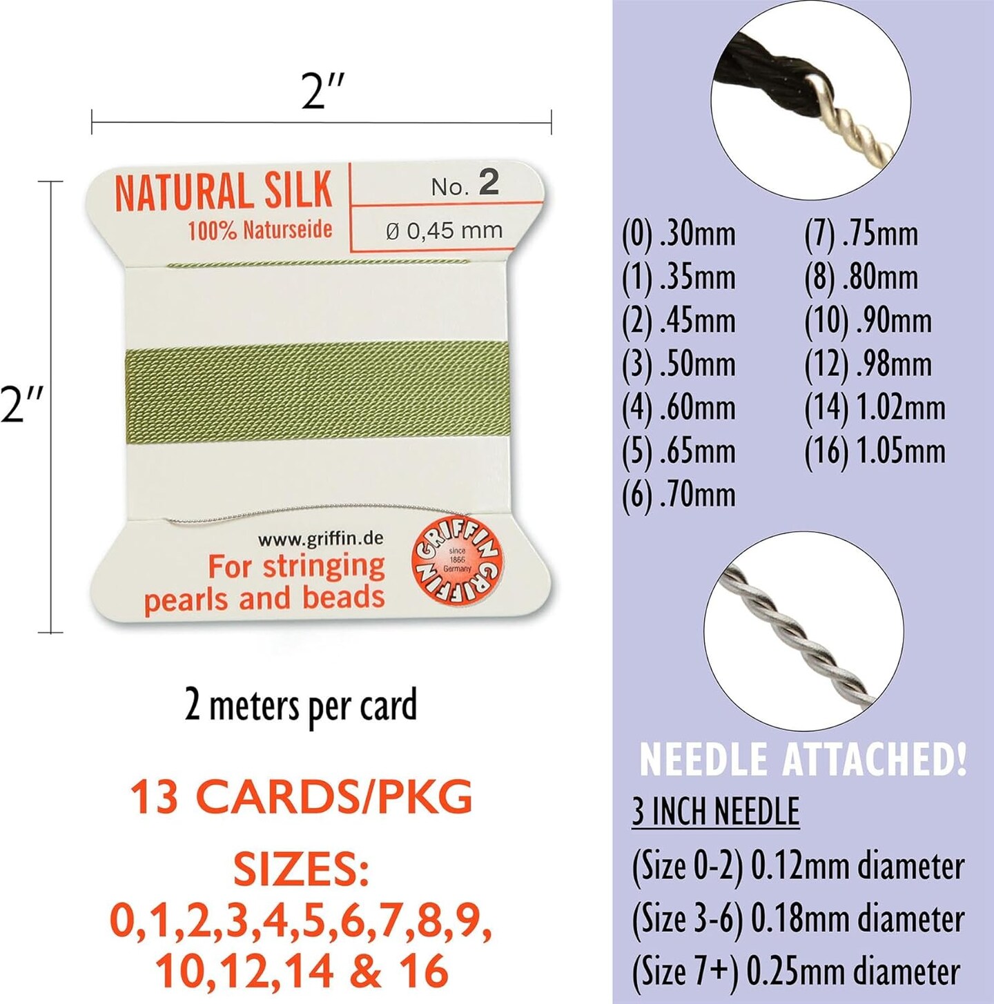 Griffin Silk Bead Cord Perlseide – Size Assortment 0-16 – 2 Meters per Card – Stainless Steel Needle Attached – for Knotting Pearls, Gemstones, Crystals and Beads