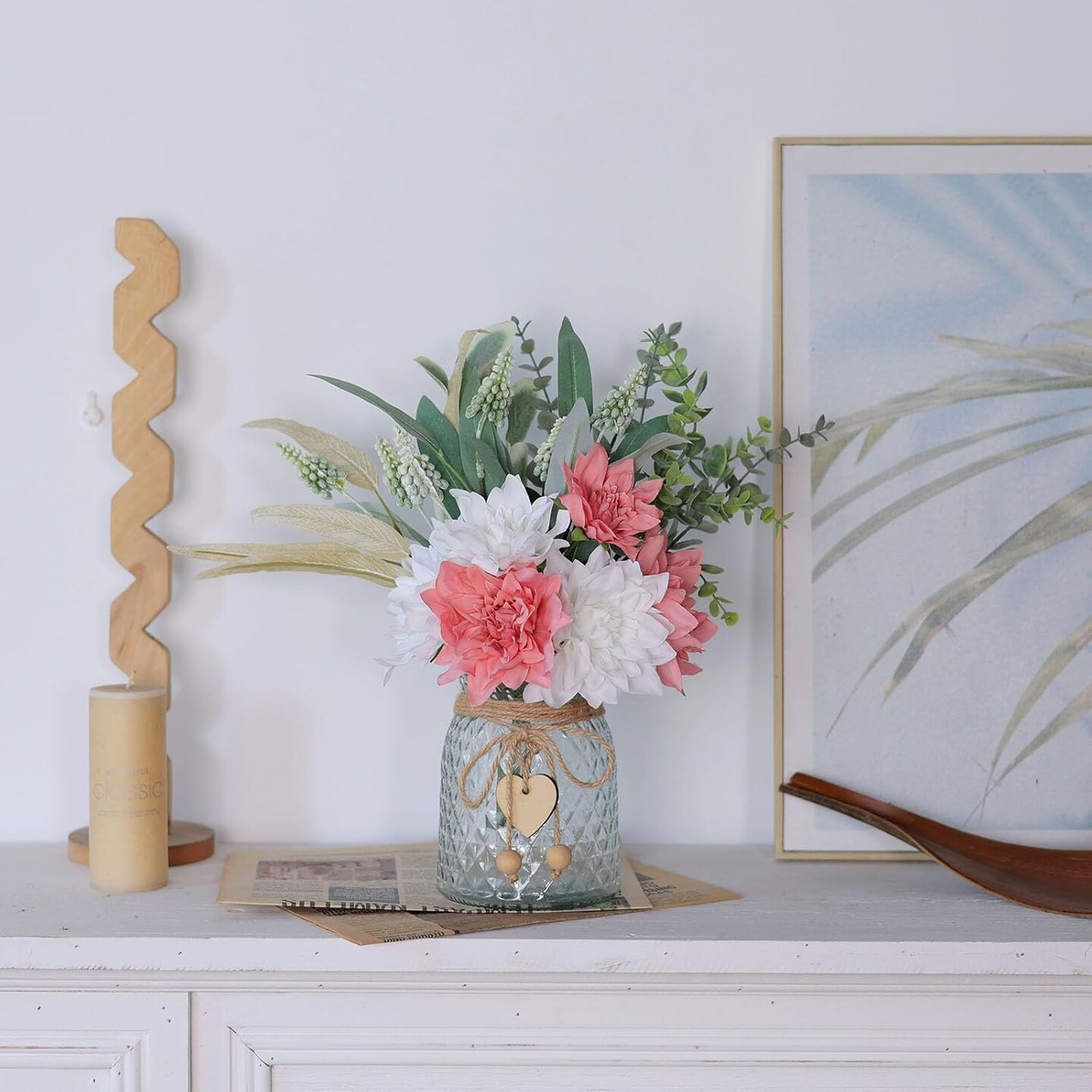 Spring Tabletop Decor – Faux Silk Flower Arrangement with Vase, Dusty Pink Dahlia, Eucalyptus & Willow Artificial Bouquet for Dining Table, Coffee Table & Home Decor