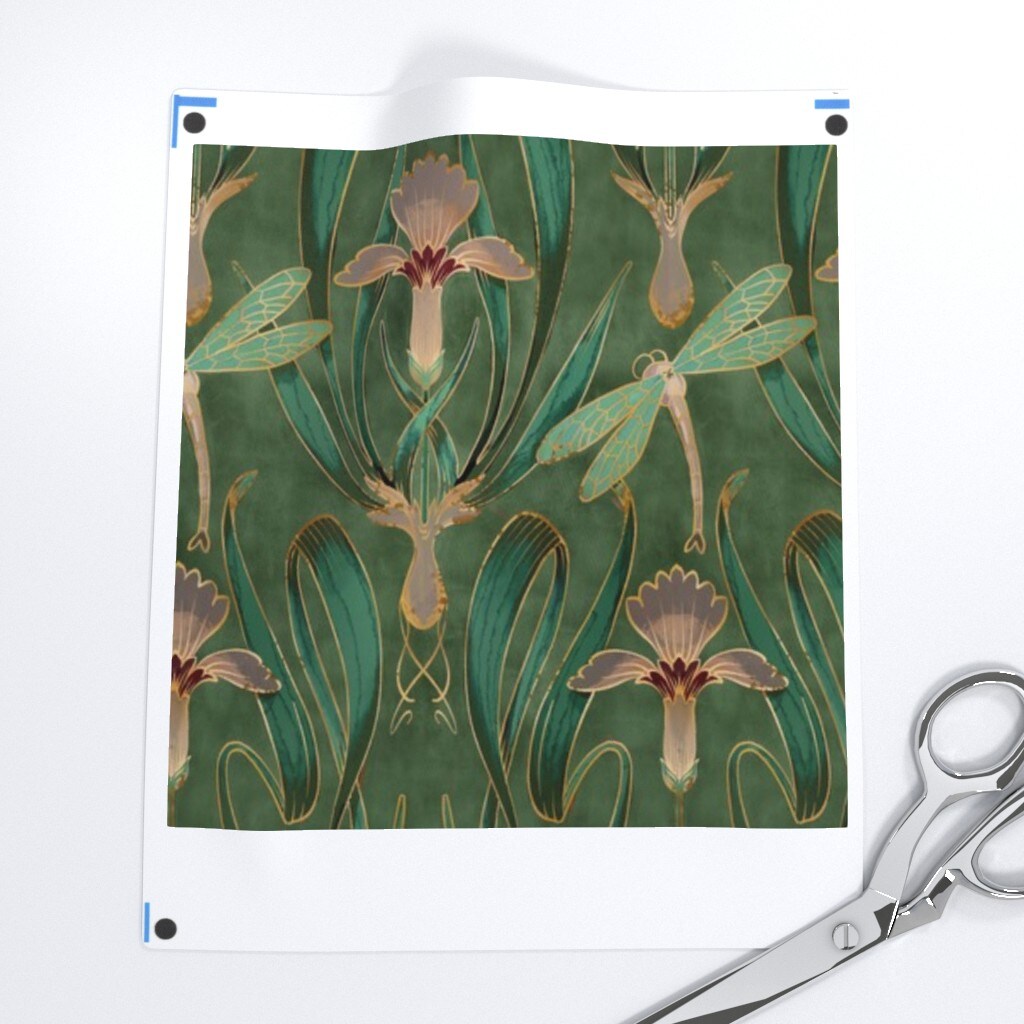 Art Nouveau Deco Emerald Green Nature Floral Lillies 1920S Custom Pre-pasted Wallpaper by Spoonflower Pre-Pasted Wallpaper 2FT Wide