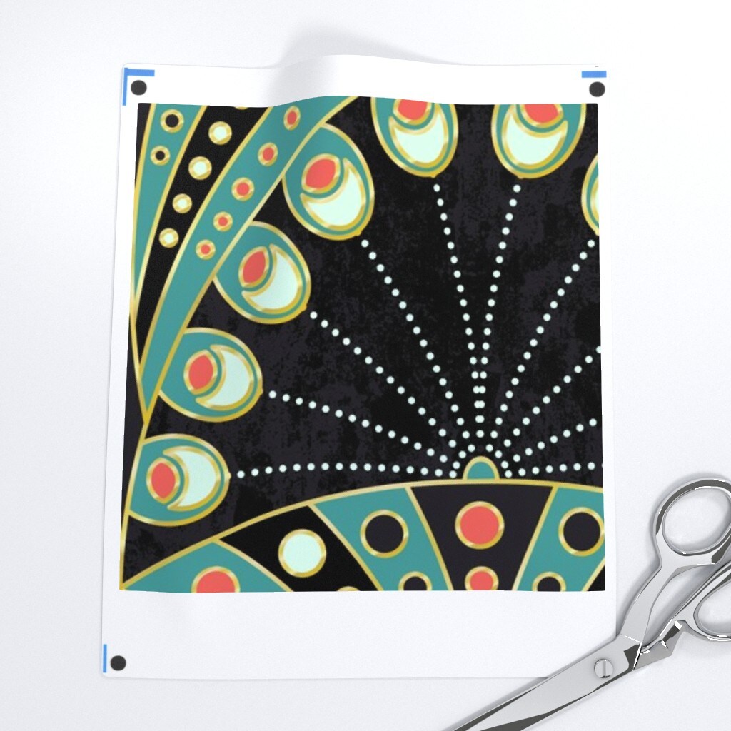 Art Deco Feather Nouveau Geometric Large Scale Boheme Symmetric Black And Teal Custom Printed Fabric by Spoonflower Various Fabrics by the Yard or Fat Quarter