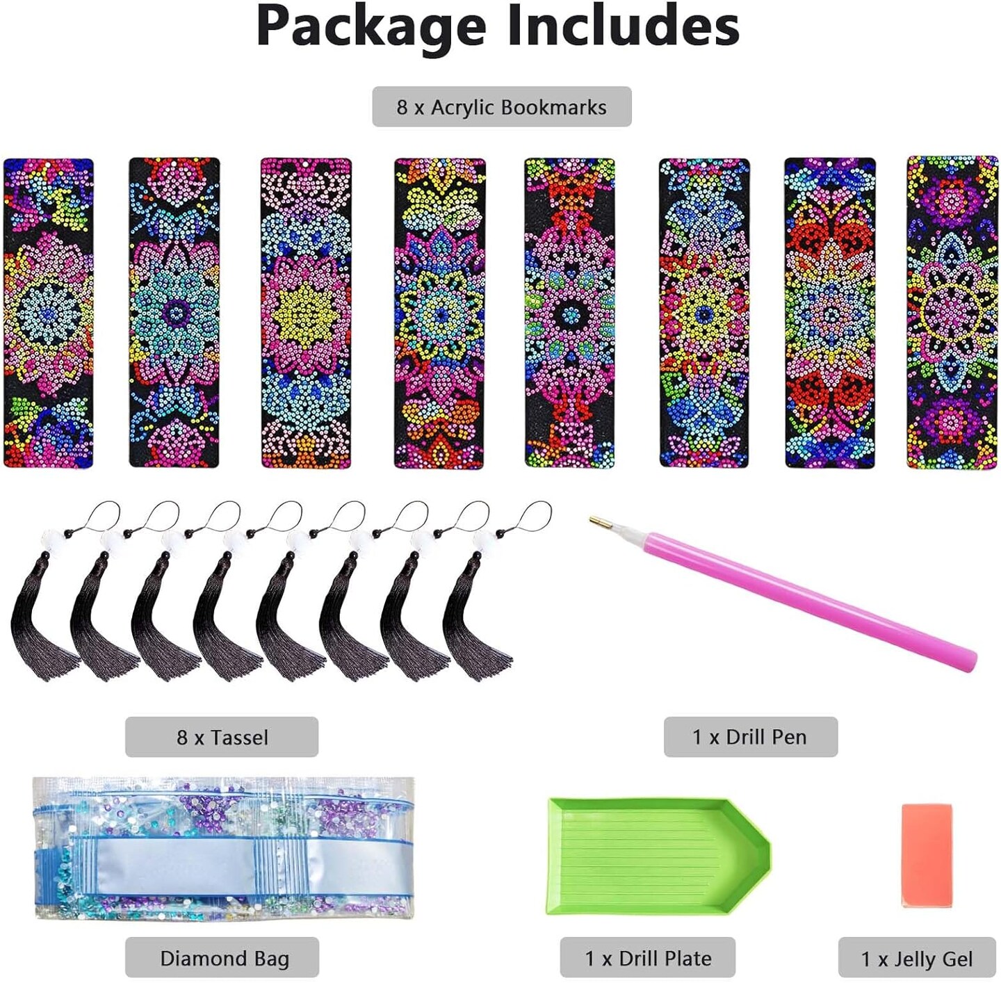 8PCS Mandala Diamond Art Bookmarks for Adults Acrylic Bookmark Kit with Tassel for Book Lovers Gift 5D Diamond Art Book Marks for DIY Making Beginners Arts Craft