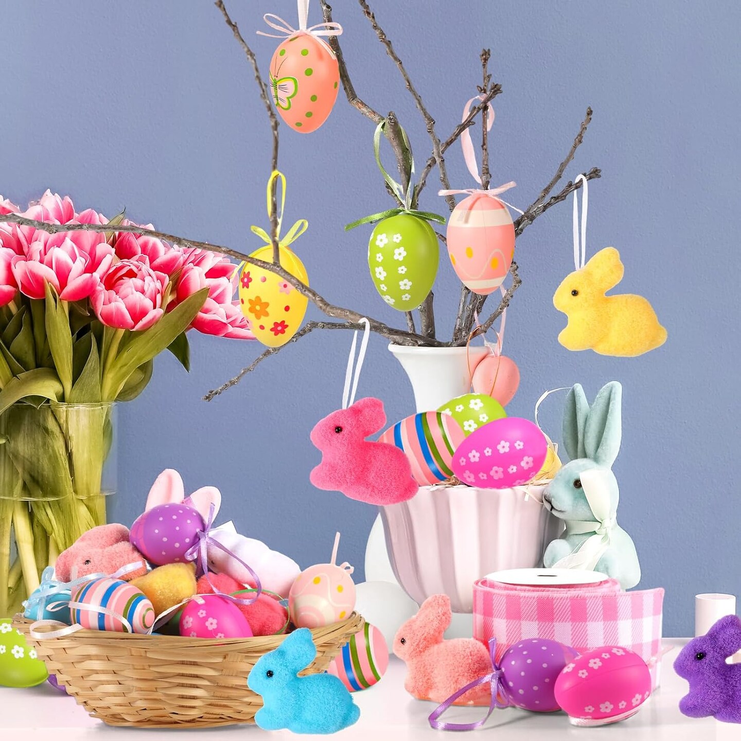 43 Pcs Easter Decorations Tree Ornaments Kit Easter Egg Rabbit Paper Cards Ornaments with Bow and Ribbon for Holiday Party Tree Hanging Decorations