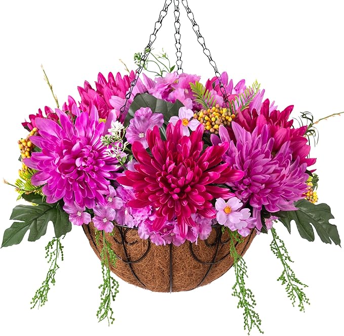 Artificial Fall Mums Flowers Baskets for Outside Decoration, Fake Hanging Silk Fuchsia Flower, Faux Chrysanthemum Summer UV Resistant Realistic for Porch Yard Autumn Decor