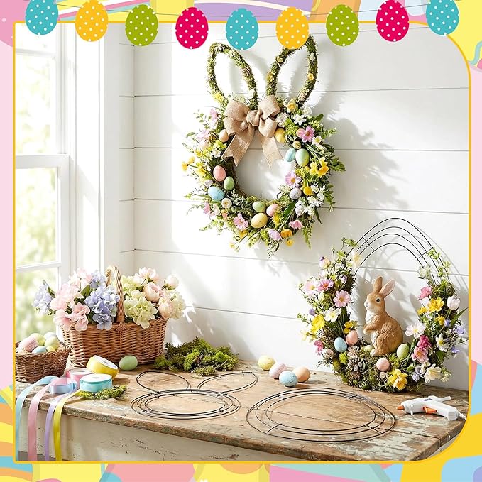 6 Pcs 16 Inch Easter Wire Wreath Frame Egg Rabbit Wreath Frame Metal Garland DIY Craft Egg Rabbit Mental Form for Easter Indoor Outdoor Porch Wall Flower Garland Decor
