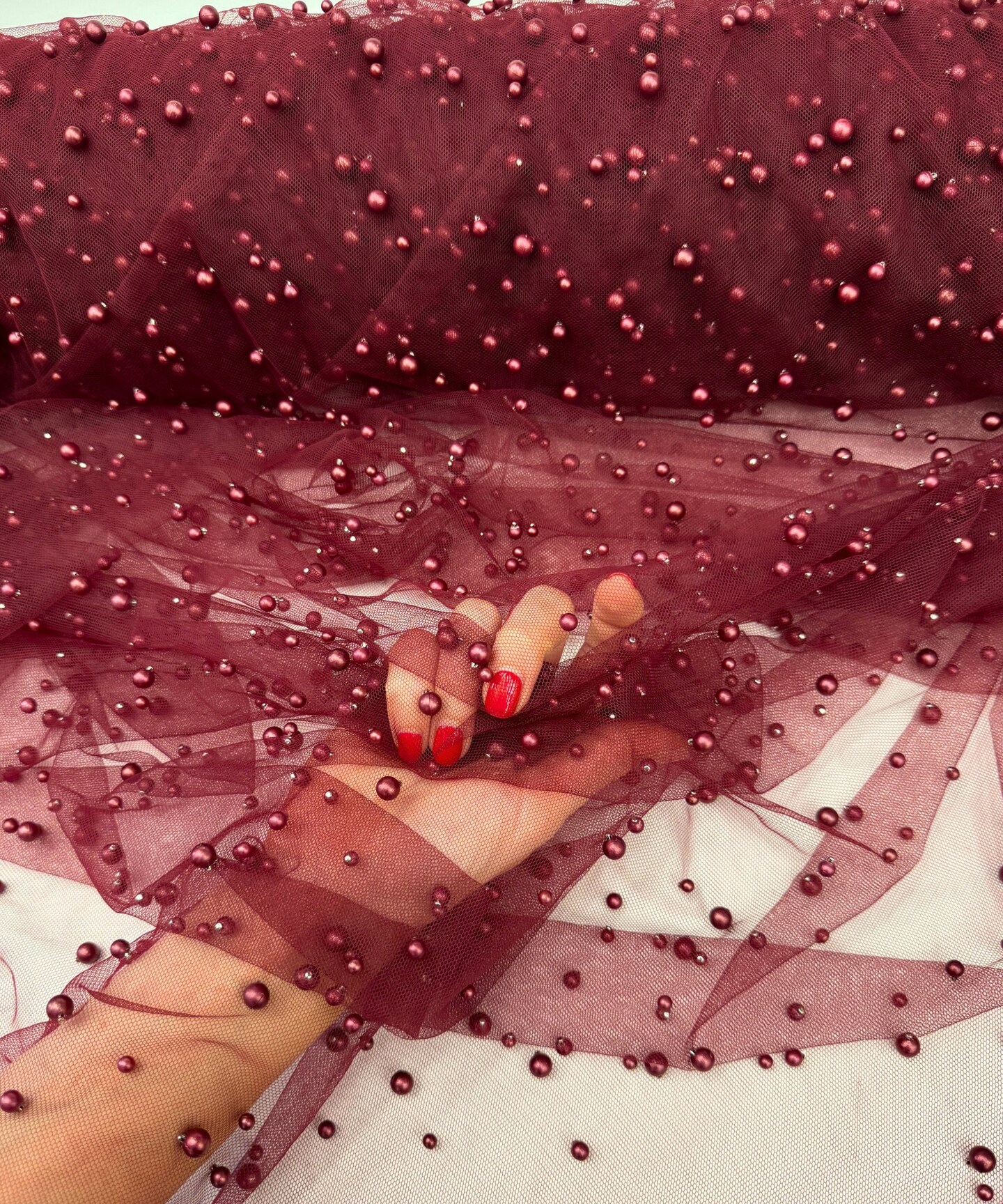 Burgundy Pearl Tulle Fabric by the Yard, 60" Wide Soft Pearl Scattered Mesh