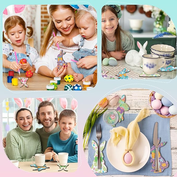 12 Pcs Easter Diamond Art Coasters with Holder Bunny Diamond Art Painting Coasters Kits Rabbit 5d DIY for Adults Supplies Easter Gift