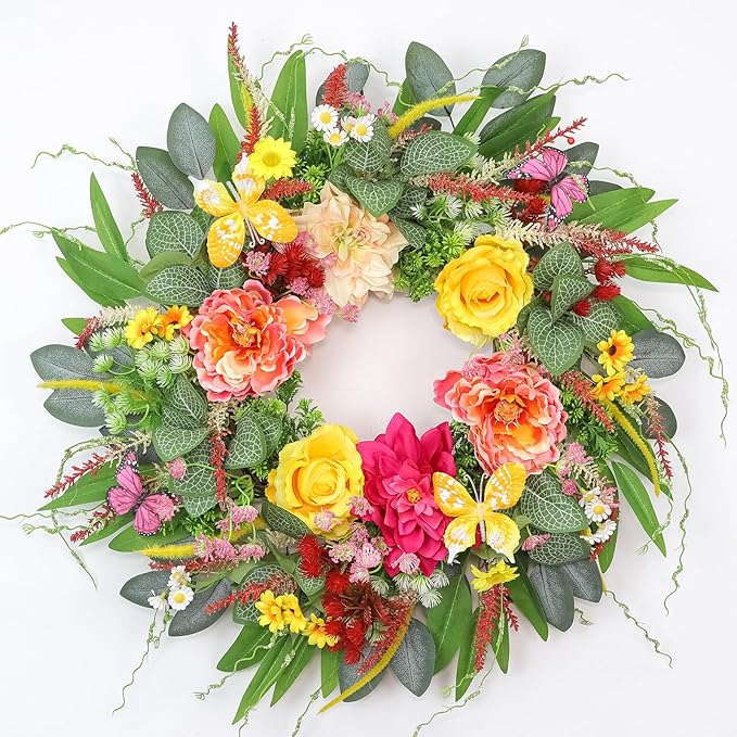 Spring Wreaths for Front Door 24 Inch Artificial Butterfly Wreath with Butterfly, Peony, Dahlia,for Porch, Entryway, Mantel, Wall, Patio & Decor Year Round Indoor Outdoor for Summer Wreath