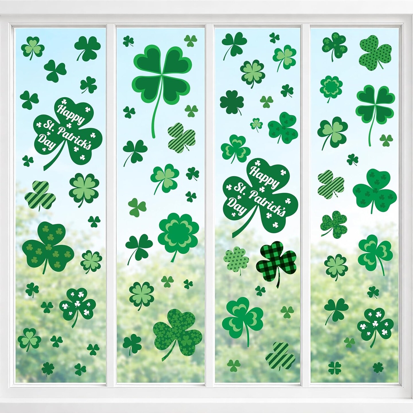 4E's Novelty 115 Pcs St Patricks Day Window Clings (9 Sheets), Green Shamrock Window Clings for Classy Decoration, Reusable St Patricks Day Windows Sticker & Fun St Patty's Day Windows Decoration