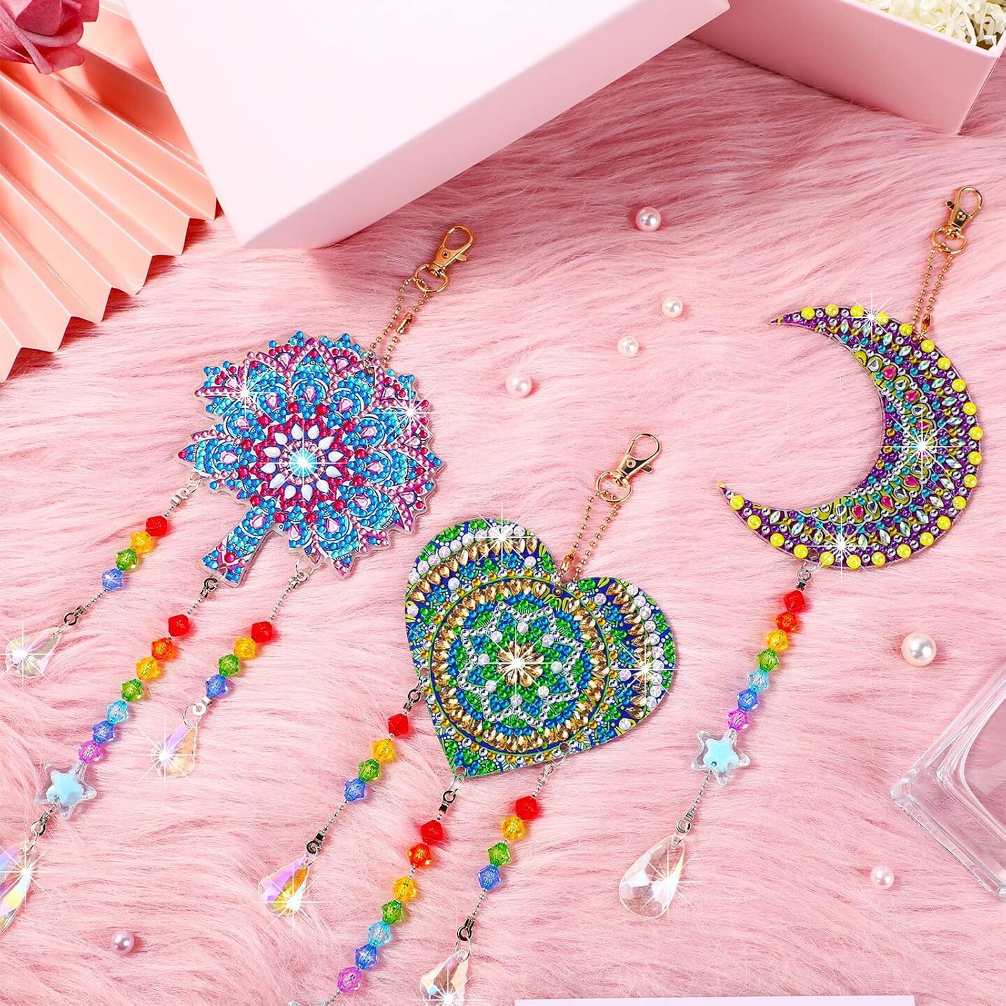 3PCS Diamond Art Suncatcher Wind Chime Kit – Double-Sided Crystal Diamond Painting Hanging Ornaments for DIY Crafts, Window & Garden Decor (Moon, Heart, Mandala)
