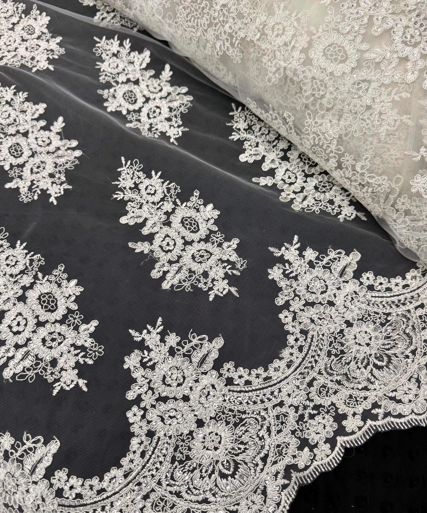 White Sequin Embroidered Lace Fabric by the Yard, 54" Wide Floral Mesh Lace with Double Scalloped Edges