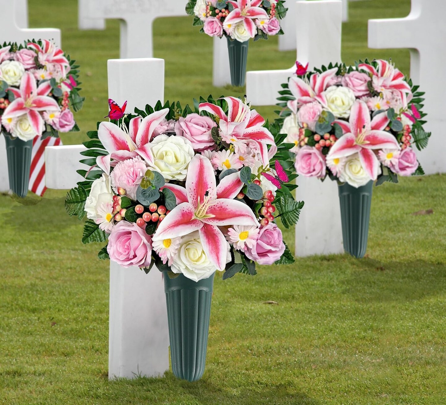 Artificial Cemetery Flowers – Silk Lily, Rose, Daisy & Berry Bouquet for Headstones and Memorial Grave Decorations