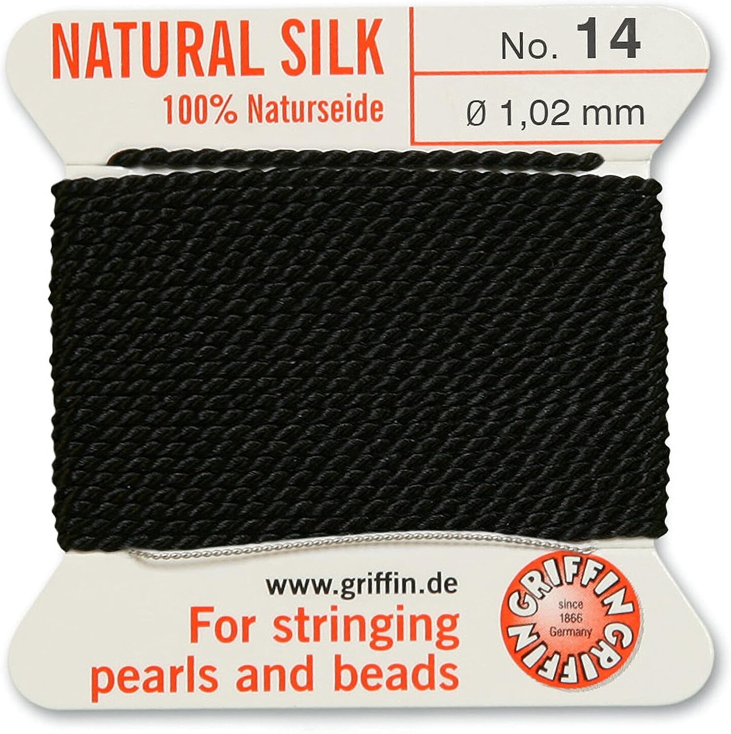 Griffin Silk Bead Cord Perlseide – Size 14 (1.02mm) – 2 Meters per Card – Stainless Steel Needle Attached – for Knotting Pearls, Gemstones, Crystals and Beads