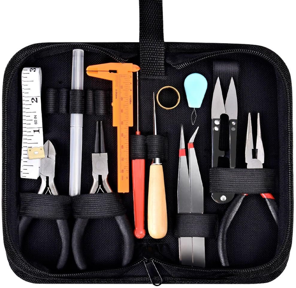 19-Piece Jewelry Making & Repair Tool Kit – Pliers, Tweezers, Jump Ring Opener & Accessories with Zipper Storage Case