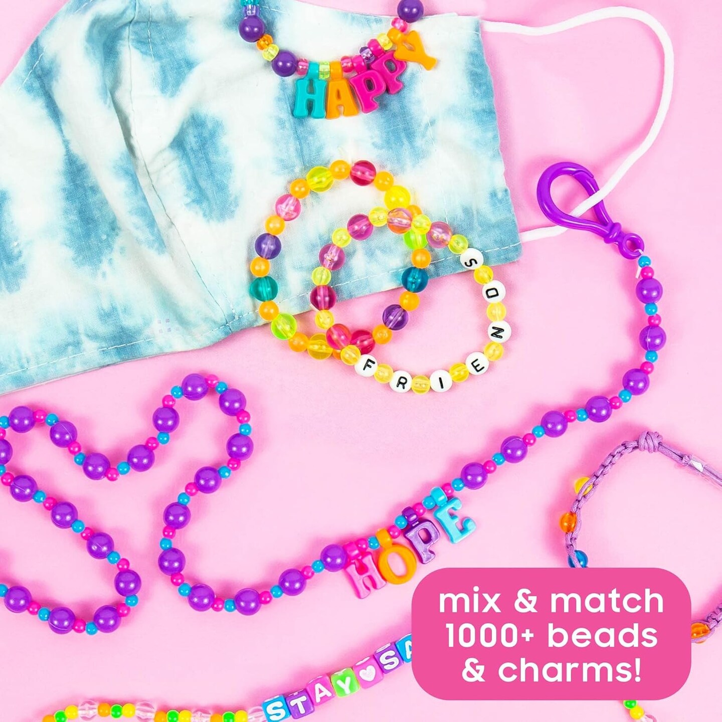 ABC Beads by Horizon Group USA – 1000+ Alphabet Beads & Charms Kit with Satin & Wax Cords, Elastic, Key Ring & Star Accents | DIY Personalized Jewelry & Accessories