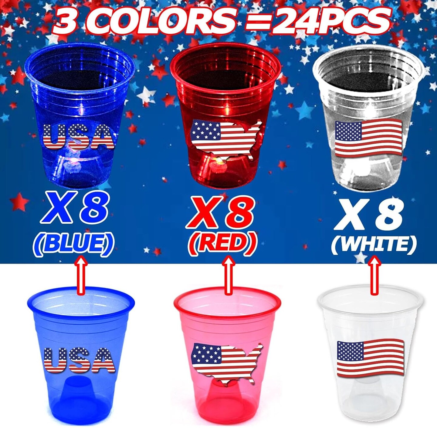 24 Pcs Glow Patriotic Party Decorations, 4th of July Party Cups Pack, USA Citizenship Party Supplies for Memorial Day, Independence Day, Veterans Day(16 oz)