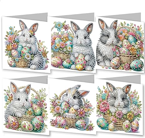 6Pcs DIY Folding Greeting Card Easter Diamond Art Painting Creative Design Foldable Thank You Cards Blessing Greeting Card Set for Birthday Festival Crafts Gift-Bunny Easter Eggs01