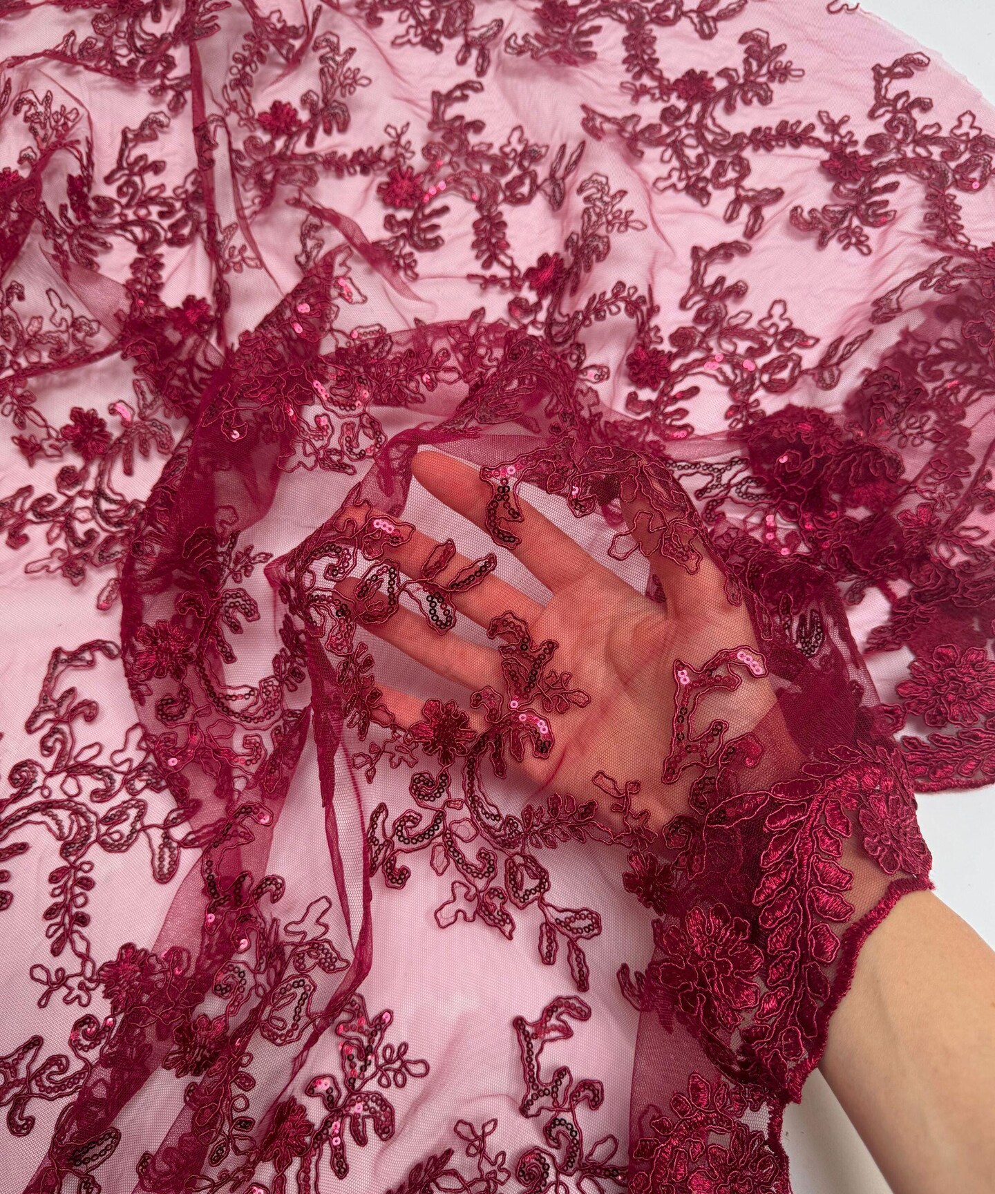 Burgundy Sequin Embroidered Lace Fabric by the Yard, 54" Wide Floral Mesh Lace with Double Scalloped Edges