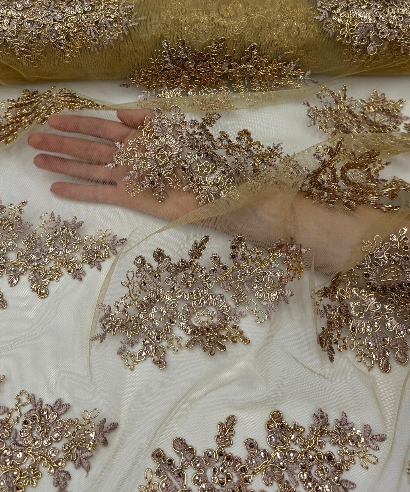 Rose Gold Sequin Embroidered Lace Fabric by the Yard, 54" Wide Floral Mesh Lace with Double Scalloped Edges