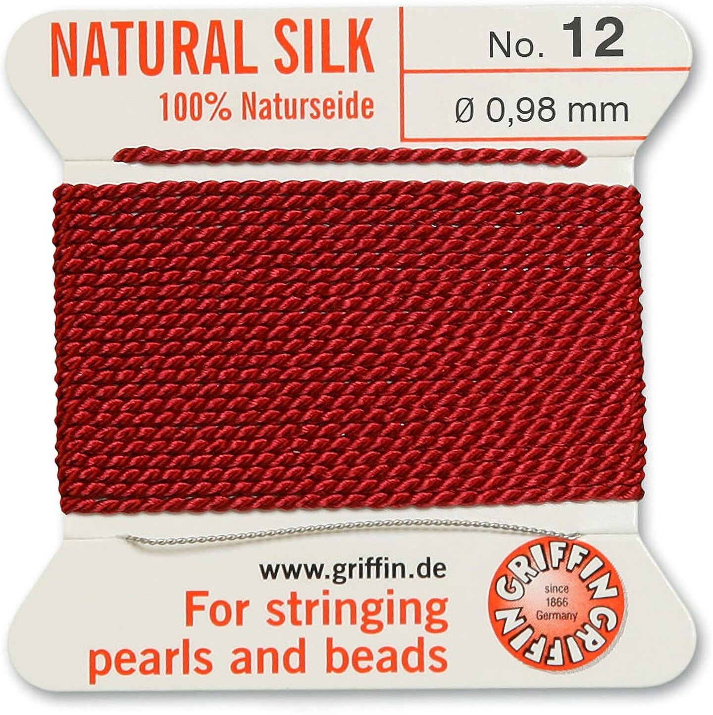 Griffin Silk Bead Cord Perlseide – Size 12 (0.98mm) – 2 Meters per Card – Stainless Steel Needle Attached – for Knotting Pearls, Gemstones, Crystals and Beads