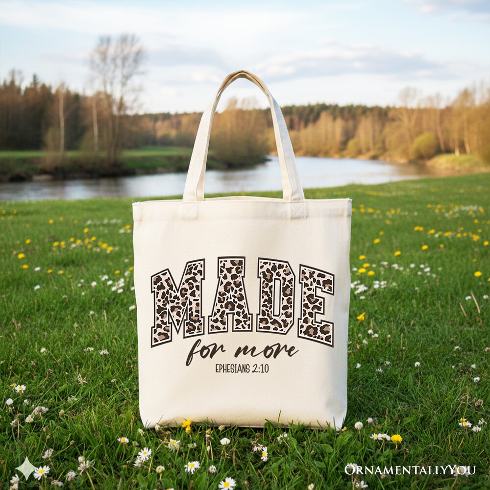 Made For More Christian Canvas Tote Bag, Ephesians 2:10 Leopard Faith Bible Verse Easter Gift Shopper