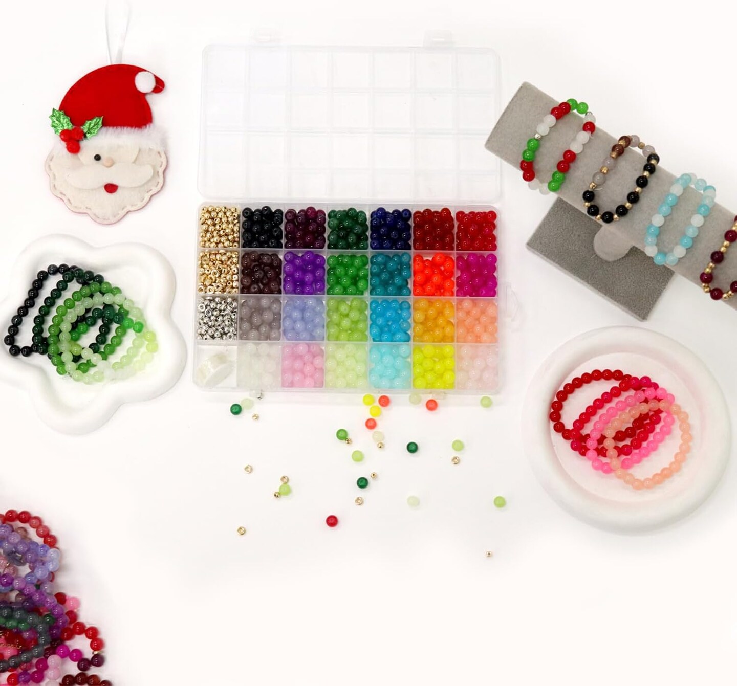 1000+ Pcs 8mm Glass Beads Kit – 24 Colors Crystal Round Beads Set with Spacer Charms & Elastic String for DIY Bracelet & Jewelry Making