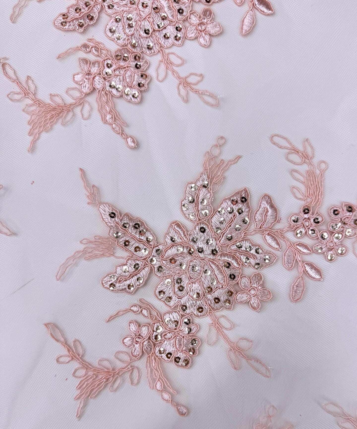 Blush Pink Sequin Embroidered Lace Fabric by the Yard, 54" Wide Floral Mesh Lace with Double Scalloped Edges