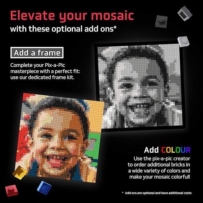 Pix-a-Pic Mosaic Kit, 4900 Bricks (15.1″ × 15.1″) | DIY Pixel Photo Mosaic with Shades of Gray, Black & White | Includes 4 Baseplates, Connector & Brick Separator