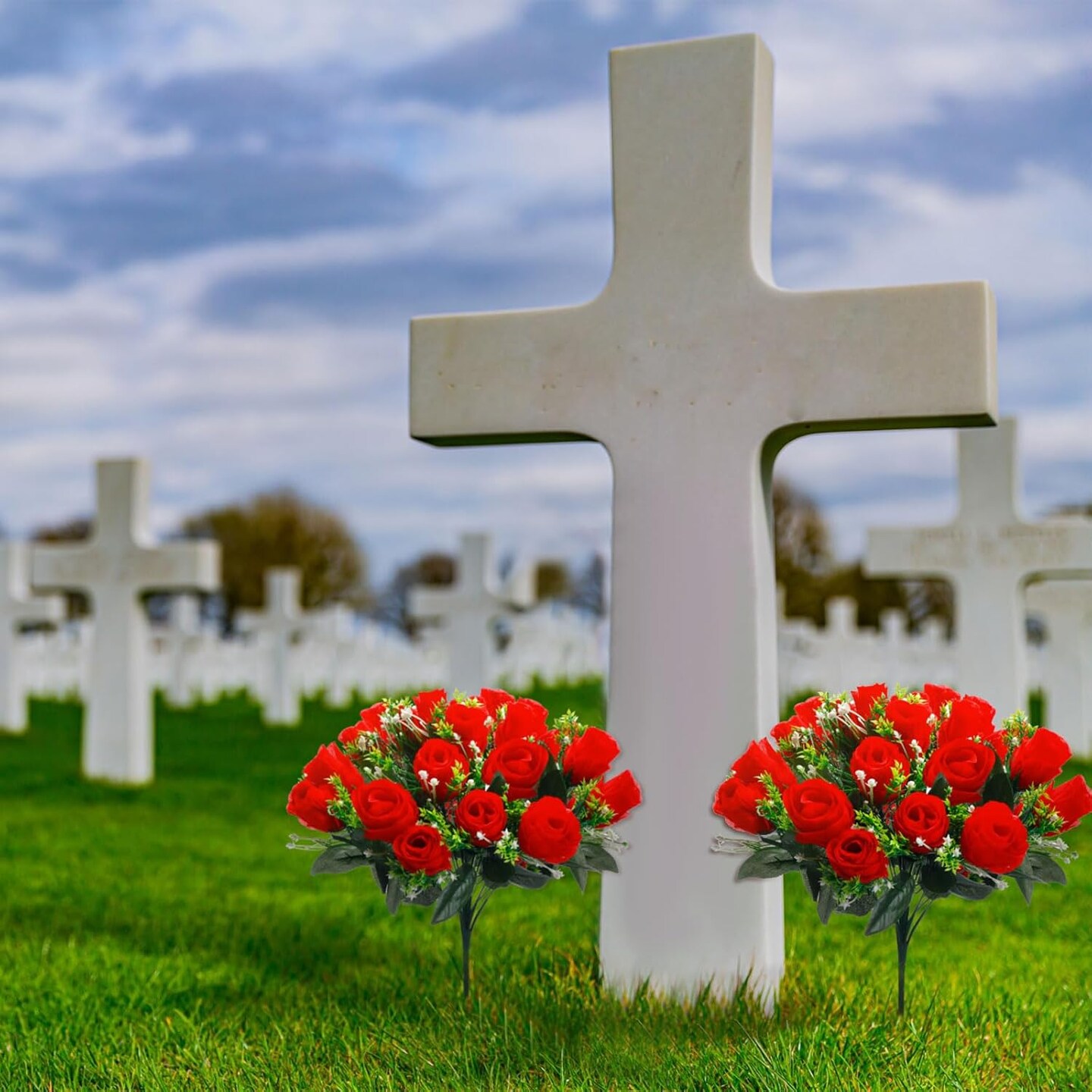 2 Bouquets Cemetery Flowers for Grave Memorial – 18-Head Red Artificial Silk Roses for Headstone & Tombstone Decoration, Valentine’s Day Tribute