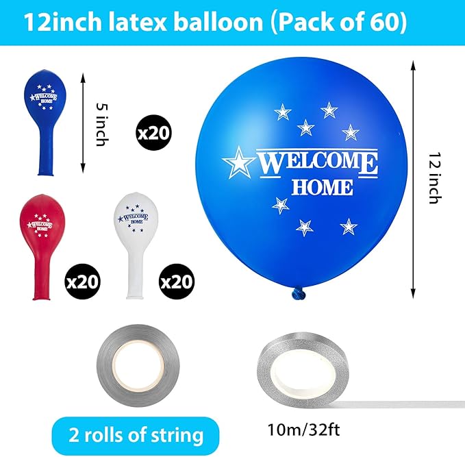 60 Pcs Welcome Home Balloons Welcome Home Decorations Colorful American Star Balloons Fourth of July Decorations Round Patriotic Decor with 2 Rolls Ribbons for Welcoming Party, Homecoming Event