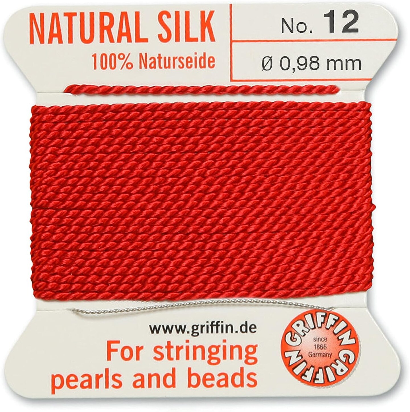Griffin Silk Bead Cord Perlseide – Size 12 (0.98mm) – 2 Meters per Card – Stainless Steel Needle Attached – for Knotting Pearls, Gemstones, Crystals and Beads