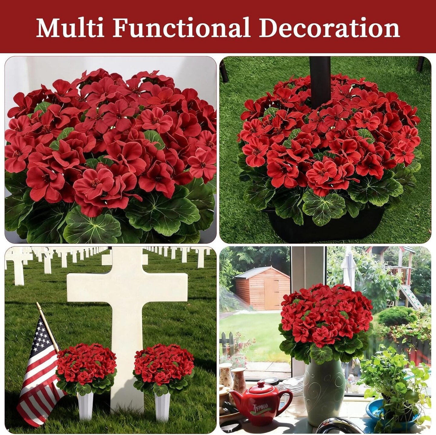 2 Sets Artificial Cemetery Flowers for Grave – Silk Geranium Bouquets with Grave Vase, 17" Red Memorial Flowers for Cemetery Gravesite Decorations