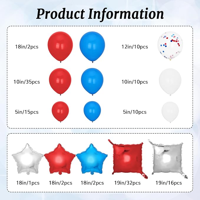 187Pcs Square Balloon Wall Red and Blue Balloons Backdrop 4th of July Party Double Sided White Star Balloons Foil for Independence Day Patriotic Anniversary Graduation Birthday Wedding Decorations