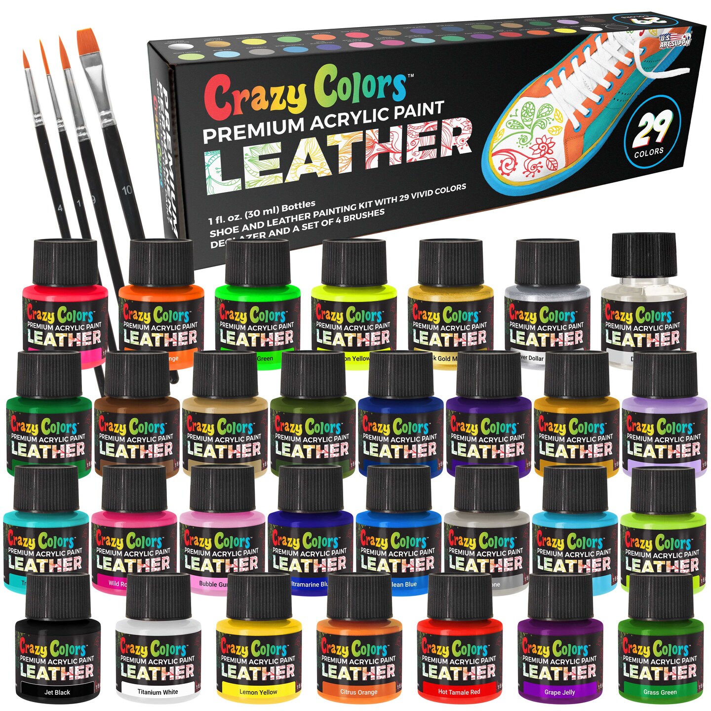 Premium Acrylic Shoe & Leather Paint Kit 29-Color with 4 Brushes (1 oz Bottles) - Acrylic Leather Paint for Shoes, Sneakers, Jackets, Bags, Purses, Furniture