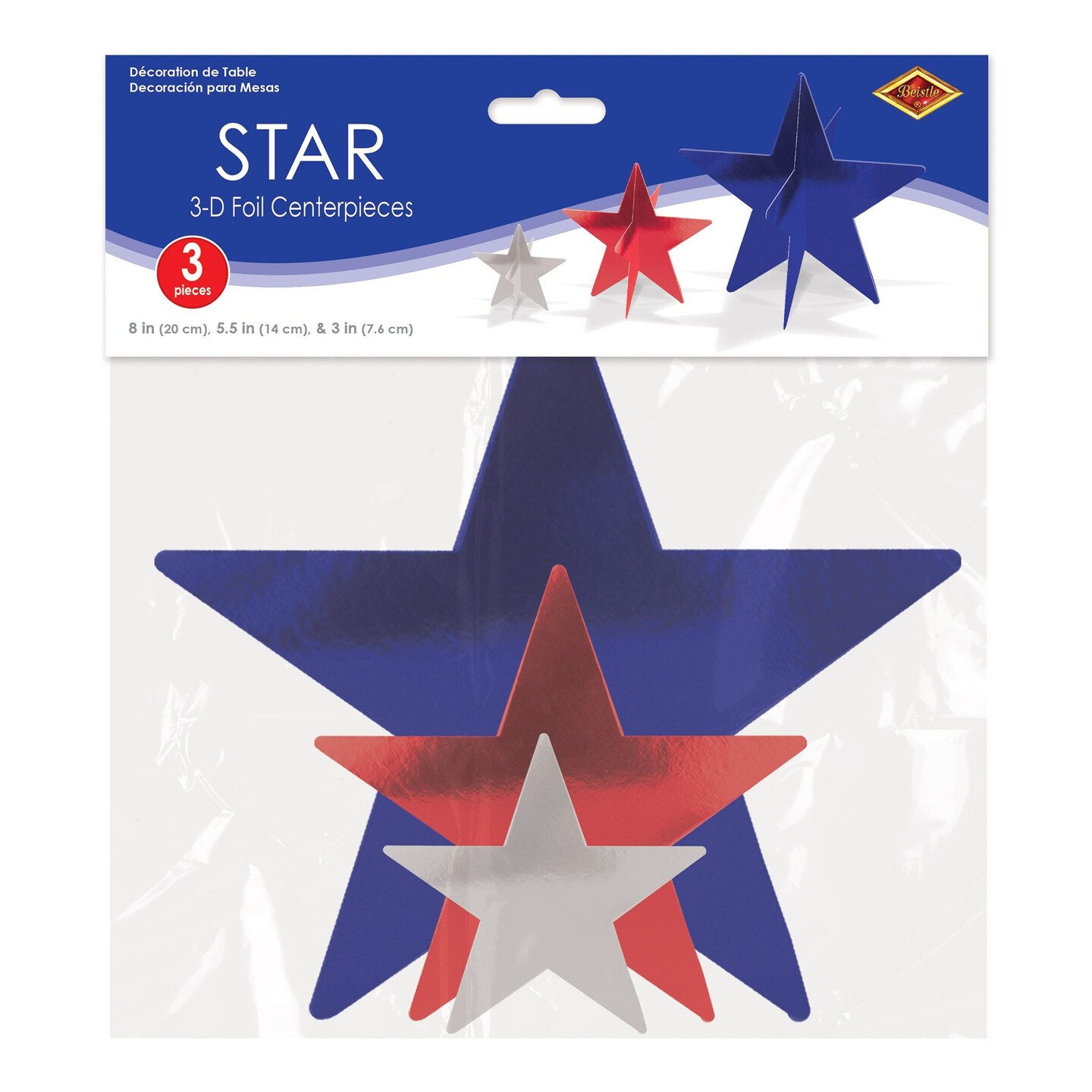 36 Pack Bulk Patriotic 3D Star Centerpieces Red, Silver & Blue